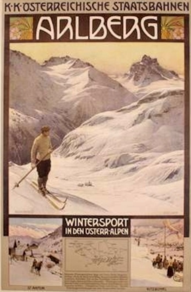 Ein Plakat, das Wintersport in den österreichischen Alpen bewirbt und einen Skifahrer sowie Bilder von Menschen und Bergen mit begleitendem Text zeigt.