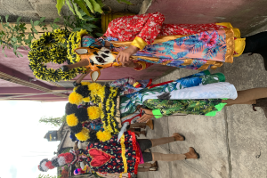 Eine Gruppe von Menschen in bunten Kostümen steht zusammen vor einem Gebäude, mit verschiedenen Gegenständen, Bäumen, Gebäuden und einem klaren blauen Himmel im Hintergrund während eines Karnevalsumzugs.