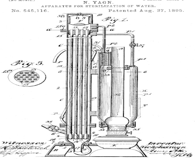 Patentzeichnung einer Vorrichtung zum Sterilisieren von Wasser, beschriftet mit "Vorrichtung zur Sterilisation von Wasser", mit detaillierten Diagrammen und Text auf einem weißen Hintergrund.
