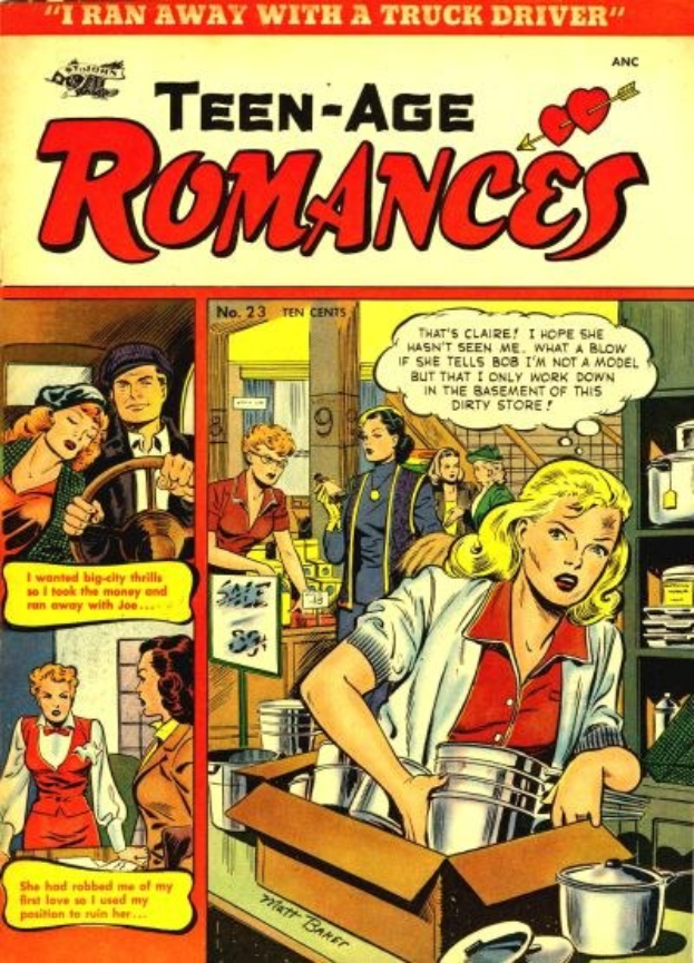 Ein lebendiger Plakatentwurf mit der Aufschrift "Teen-Age Romances 23-A von DC", der eine Gruppe von Menschen in einer fröhlichen, romantischen Umarmung zeigt, die lächeln und sich in die Augen sehen.