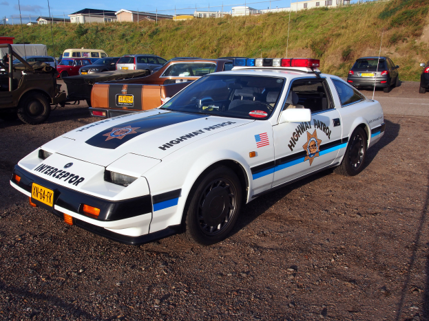 Ein Polizeiauto auf einem Parkplatz neben anderen Autos geparkt, umgeben von Gras, Pfählen, Drähten, Gebäuden und einem klaren blauen Himmel.