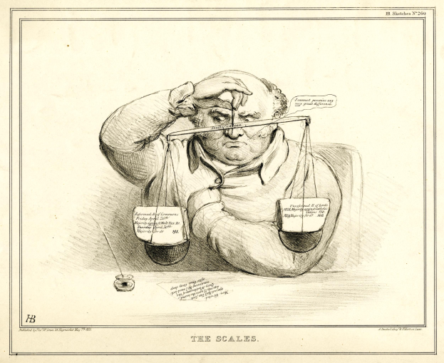 Ein Anwalt in Anzug sitzt an einem Tisch mit einer Waage vor ihm, die er mit Texten und Zahlen markiert.