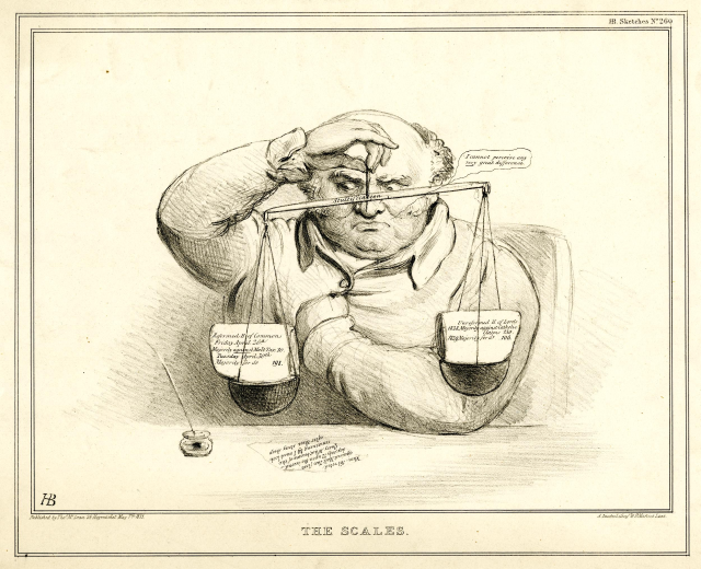 Ein Anwalt in Anzug sitzt an einem Tisch mit einer Waage vor ihm, die er mit Texten und Zahlen markiert.