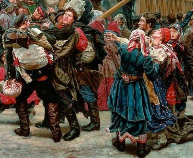 Gemälde, das eine Gruppe von Menschen zeigt, die vor einer Menge tanzen, einige halten Gegenstände, mit einem hölzernen Haus im Hintergrund, das während der russischen Revolution spielt und Personen in traditioneller russischer Kleidung und einer lebhaften Atmosphäre.