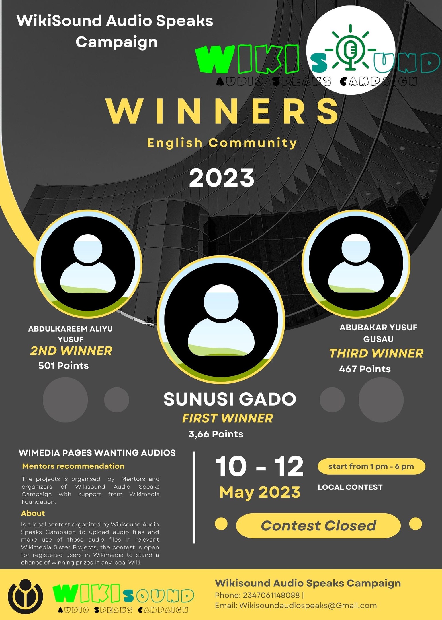 Buntes Plakat für die Wikisound Audio Spricht Kampagne mit einem blauen Hintergrund, das große gelbe und weiße Schrift enthält, die 'Gewinner' lautet und mehrere lächelnde Fotos von Menschen in der Mitte zeigt.