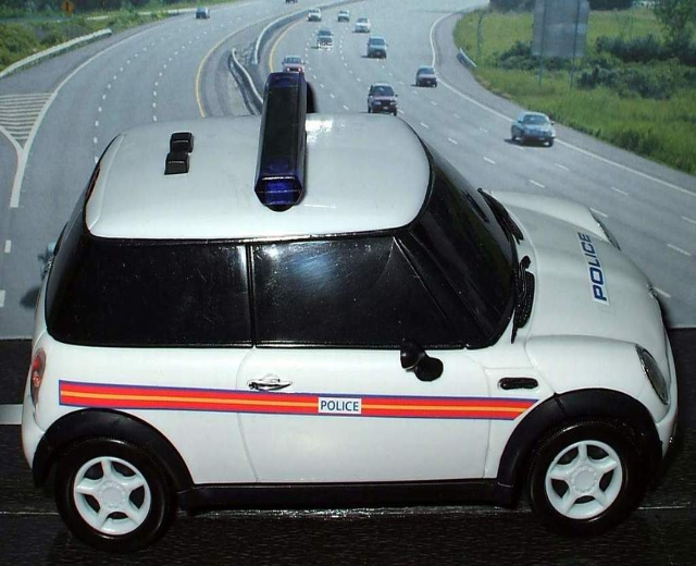 Weißer Polizeiwagen mit "Polizei" Aufschrift auf einer Straße außerhalb der Stadt, umgeben von fahrendem Verkehr und grasbewachsenen Bereichen mit Bäumen auf beiden Seiten.