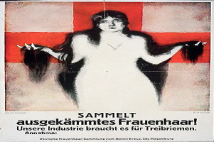 Ein deutsches Propagandaplakat mit einer Frau mit langen Haaren, auf dem wahrscheinlich Informationen über sie zu sehen sind.